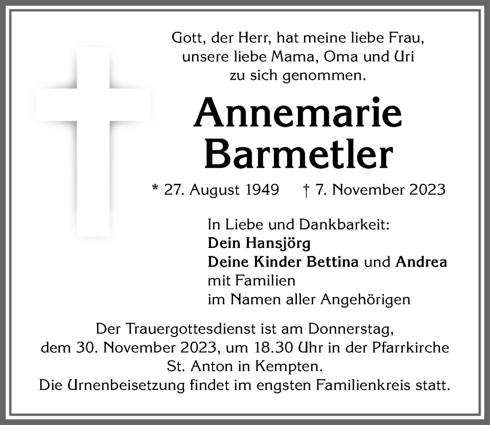 Traueranzeige von Annemarie Barmetler von Allgäuer Zeitung,Kempten