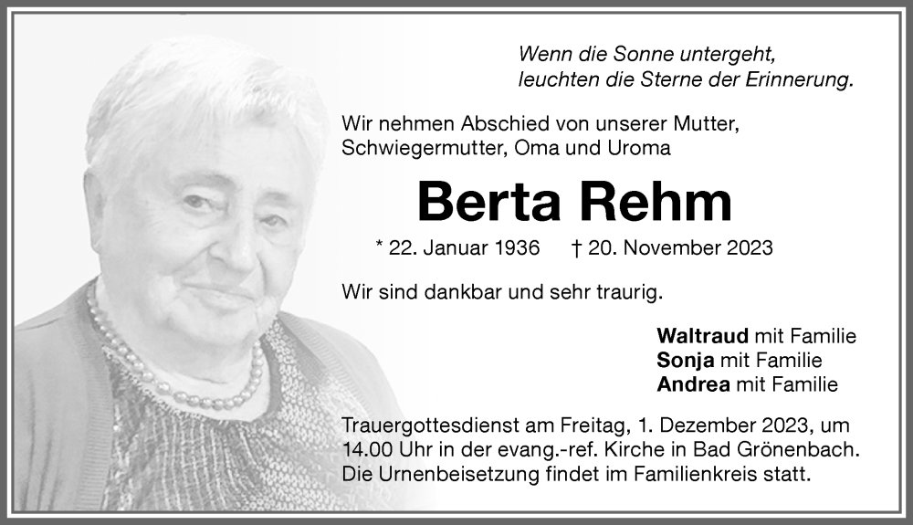 Traueranzeige von Berta Rehm von Memminger Zeitung