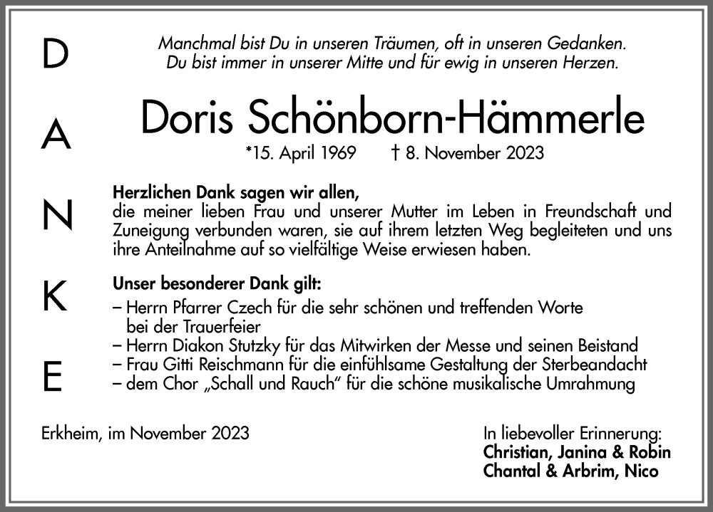  Traueranzeige für Doris Schönborn-Hämmerle vom 25.11.2023 aus Mittelschwäbische Nachrichten, Augsburger Allgemeine