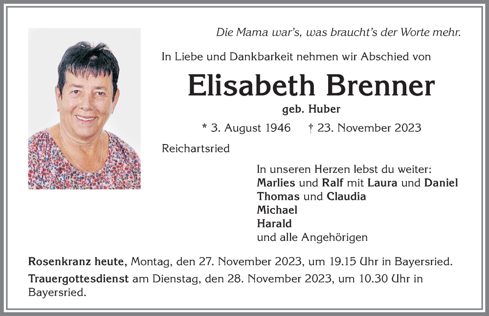  Traueranzeige für Elisabeth Brenner vom 27.11.2023 aus Mindelheimer Zeitung, Augsburger Allgemeine