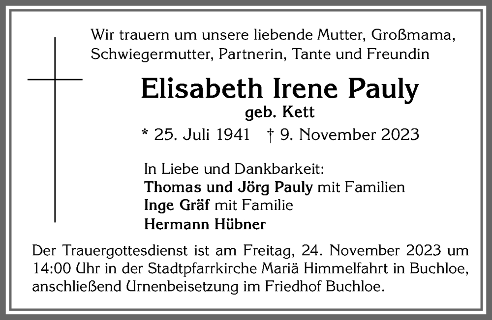 Traueranzeige von Elisabeth Irene Pauly von Allgäuer Zeitung, Kaufbeuren/Buchloe