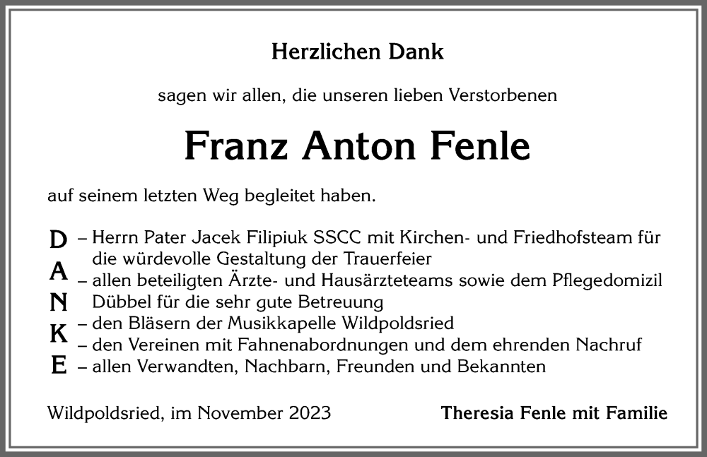 Traueranzeige von Franz Anton Fenle von Allgäuer Zeitung,Kempten