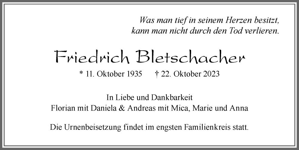 Traueranzeige von Friedrich Bletschacher von Allgäuer Zeitung, Füssen