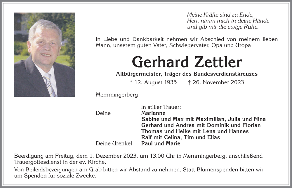 Traueranzeige von Gerhard Zettler von Memminger Zeitung