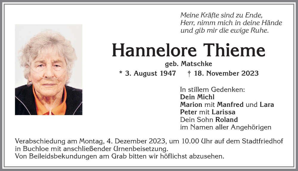 Traueranzeige von Hannelore Thieme von Allgäuer Zeitung, Kaufbeuren/Buchloe