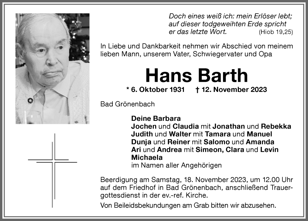 Traueranzeige von Hans Barth von Memminger Zeitung