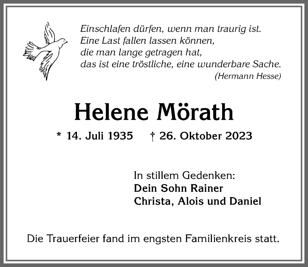 Traueranzeige von Helene Mörath von Allgäuer Anzeigeblatt