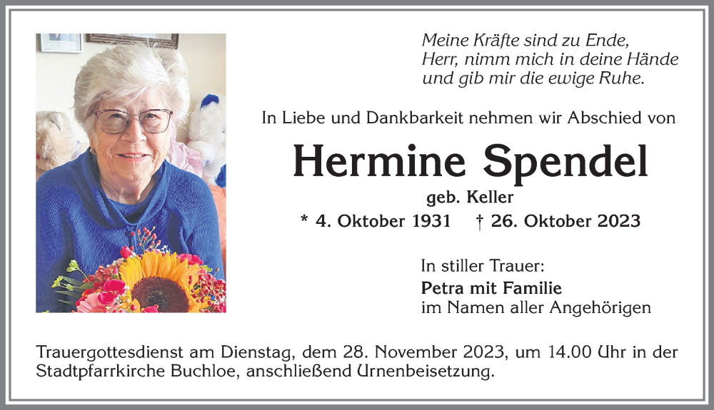 Traueranzeige von Hermine Spendel von Allgäuer Zeitung, Kaufbeuren/Buchloe