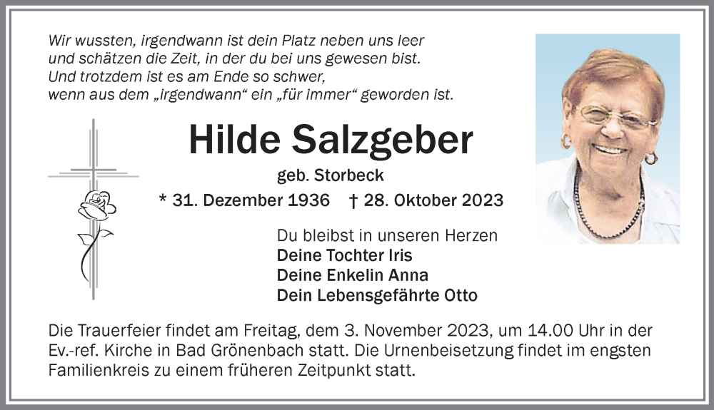 Traueranzeige von Hilde Salzgeber von Memminger Zeitung