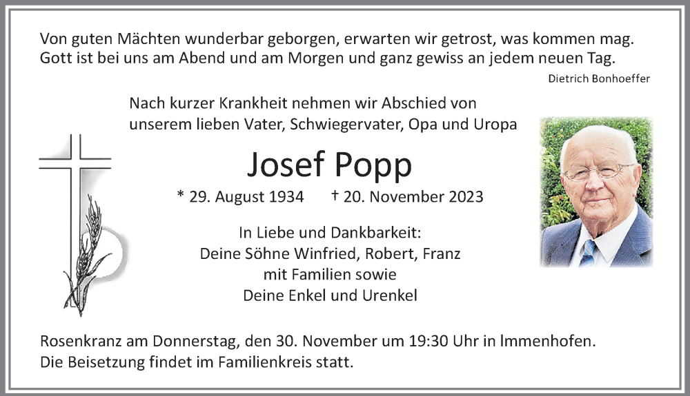 Traueranzeige von Josef Popp von Allgäuer Zeitung, Marktoberdorf