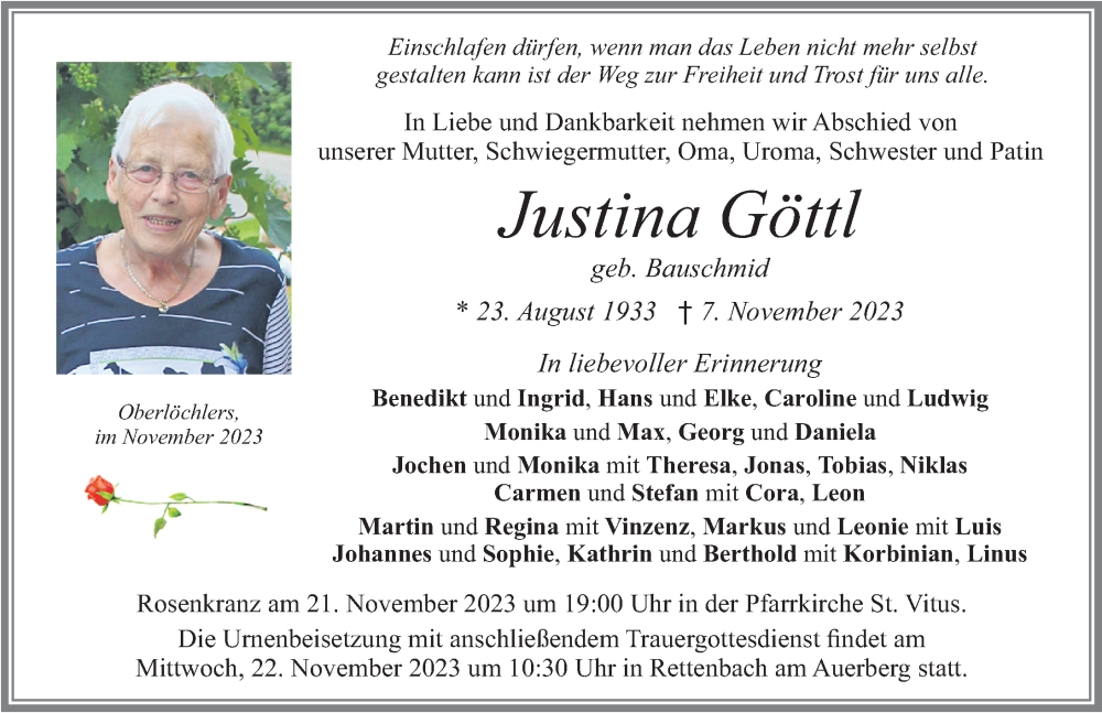 Traueranzeige von Justina Göttl von Allgäuer Zeitung, Marktoberdorf