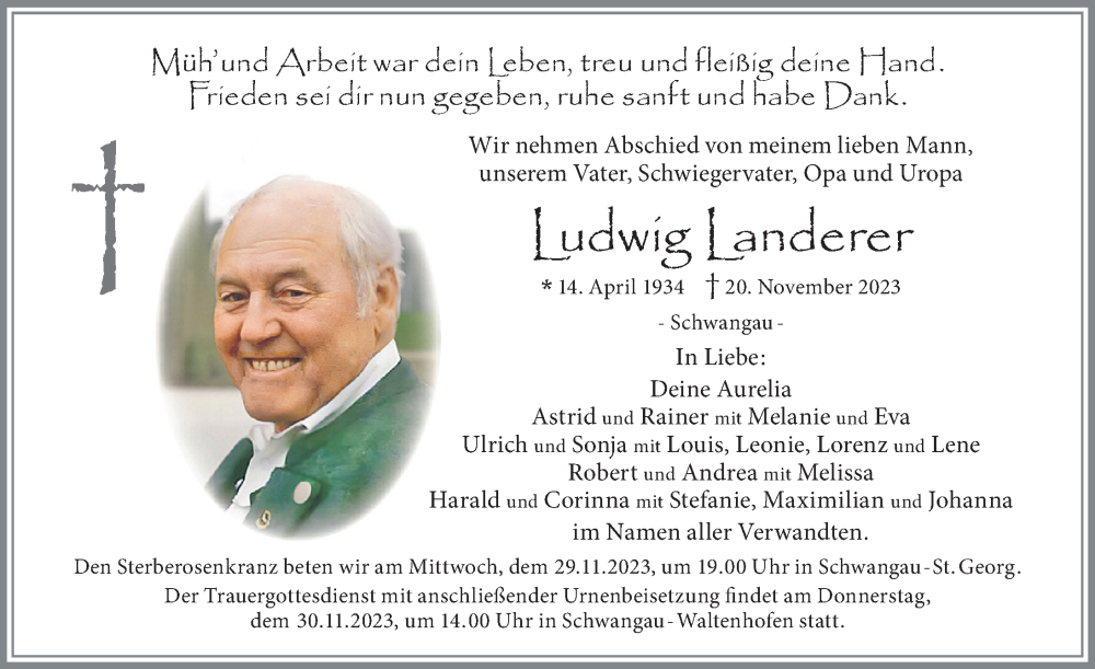 Traueranzeige von Ludwig Landerer von Allgäuer Zeitung, Füssen