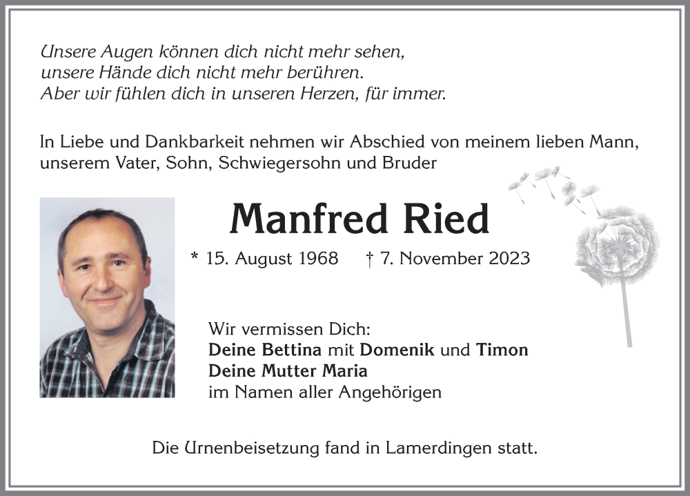 Traueranzeige von Manfred Ried von Allgäuer Zeitung, Kaufbeuren/Buchloe