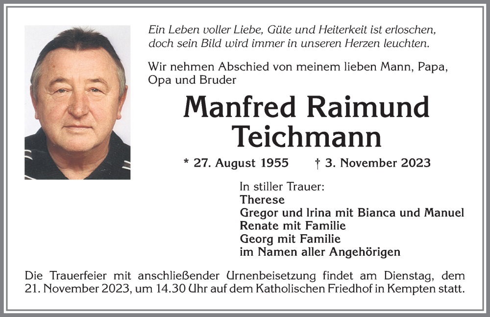 Traueranzeige von Manfred Raimund Teichmann von Allgäuer Zeitung,Kempten