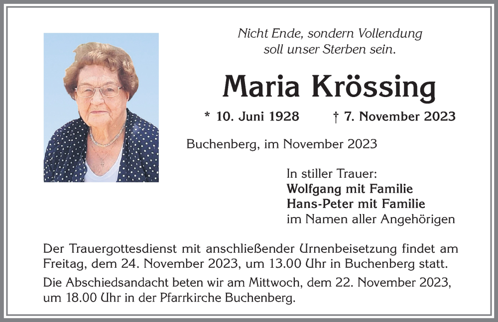 Traueranzeige von Maria Krössing von Allgäuer Zeitung,Kempten