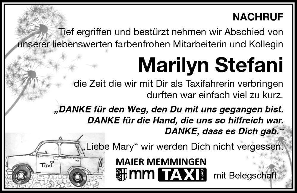 Traueranzeige von Marilyn Stefani von Memminger Zeitung