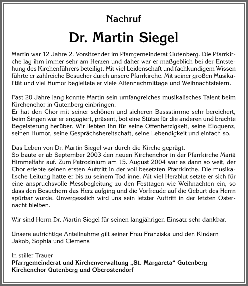 Traueranzeige von Martin Siegel von Allgäuer Zeitung, Kaufbeuren/Buchloe