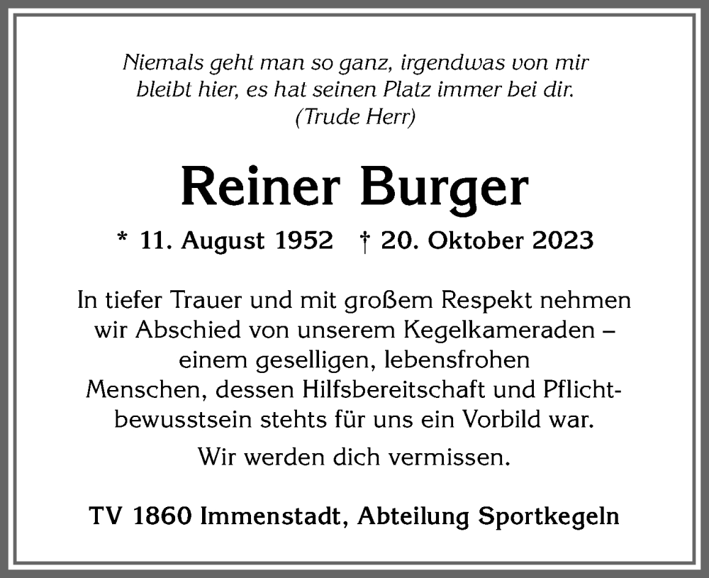 Traueranzeige von Reiner Burger von Allgäuer Anzeigeblatt