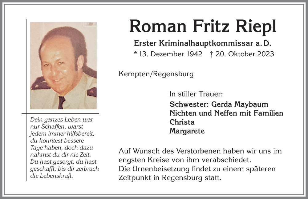 Traueranzeige von Roman Fritz Riepl von Allgäuer Zeitung,Kempten