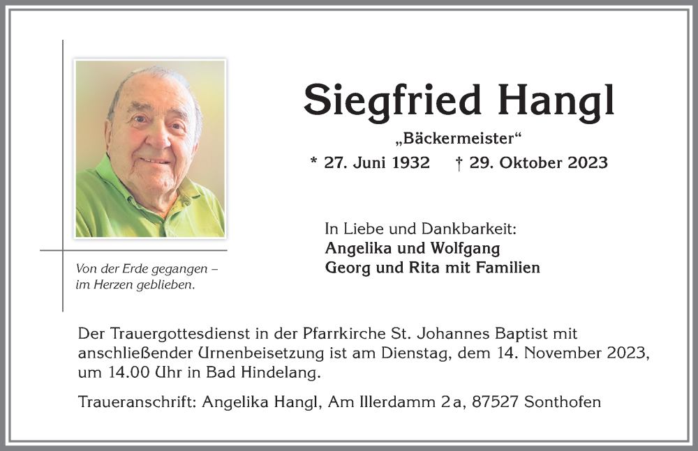 Traueranzeige von Siegfried Hangl von Allgäuer Anzeigeblatt