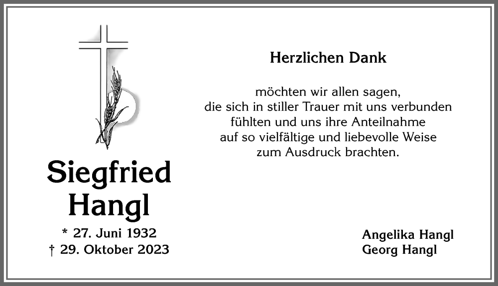 Traueranzeige von Siegfried Hangl von Allgäuer Anzeigeblatt