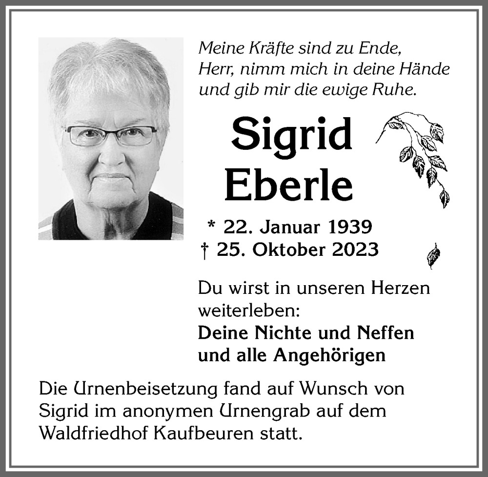 Traueranzeige von Sigrid Eberle von Allgäuer Zeitung, Kaufbeuren/Buchloe