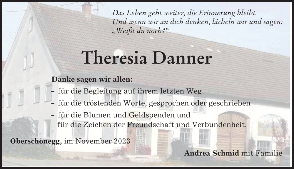 Traueranzeige von Theresia Danner von Augsburger Allgemeine, Illertisser Zeitung