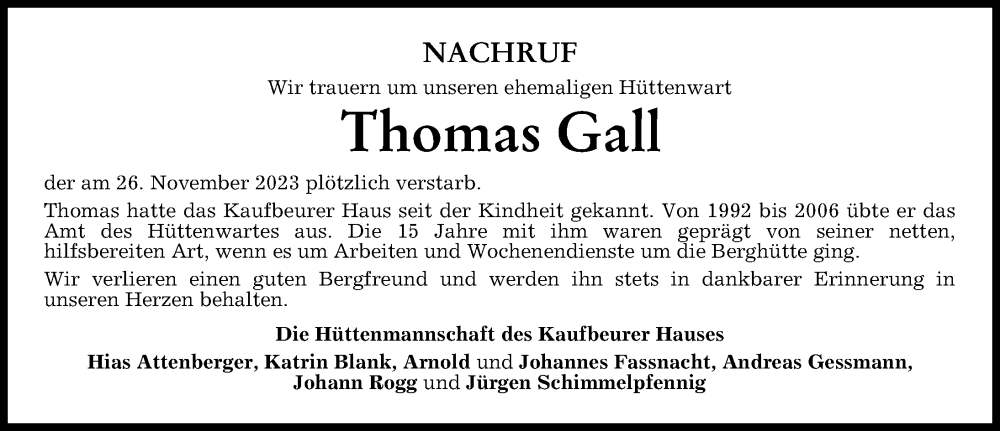  Traueranzeige für Thomas Gall vom 30.11.2023 aus Augsburger Allgemeine, Mindelheimer Zeitung