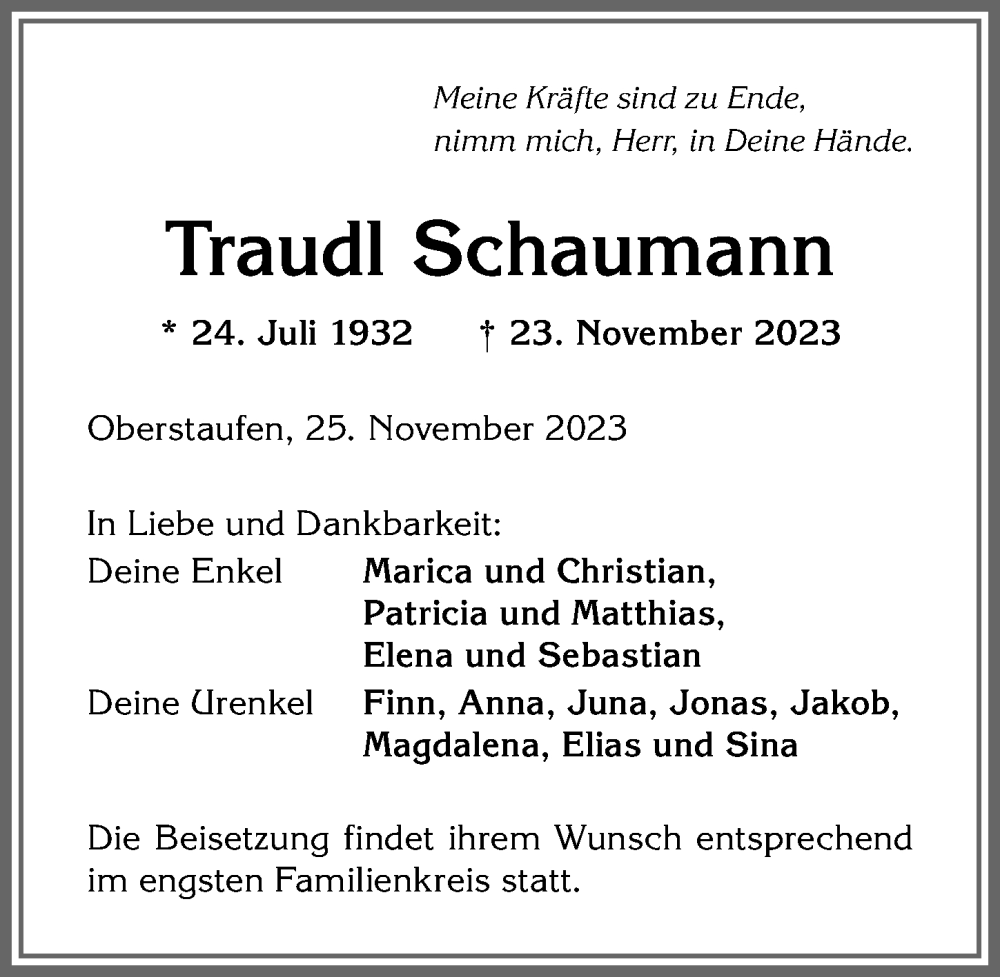 Traueranzeige von Traudl Schaumann von Allgäuer Anzeigeblatt