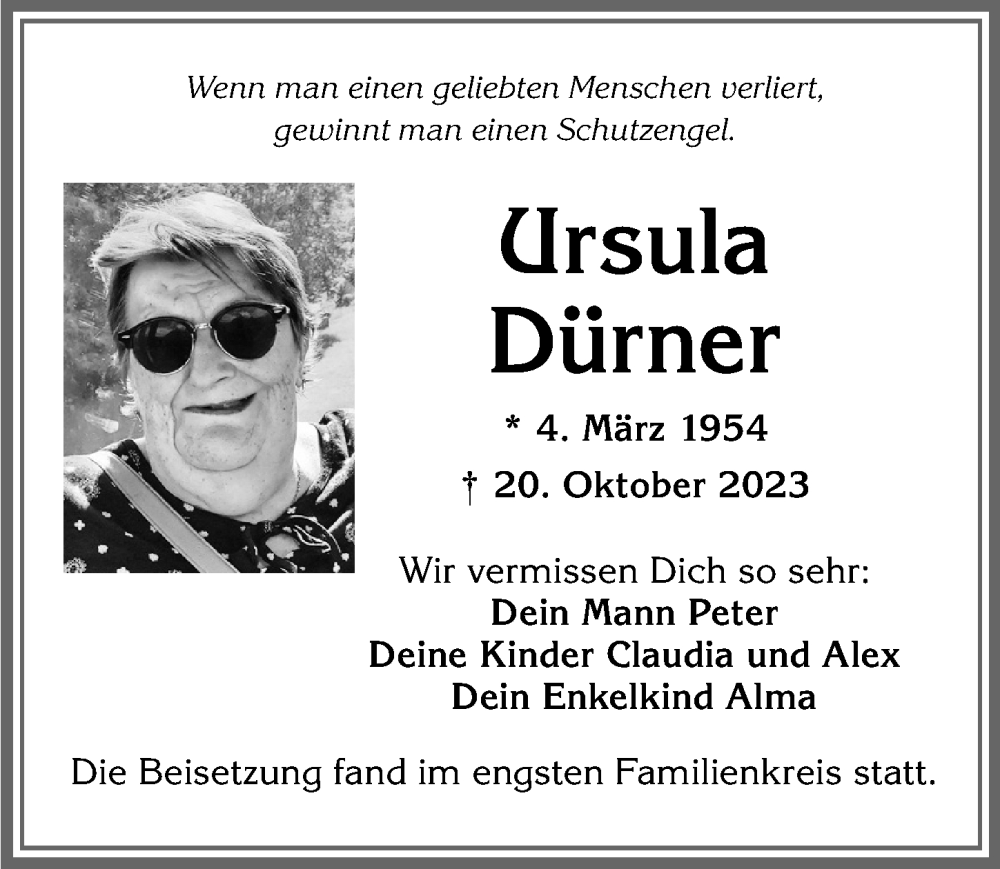 Traueranzeige von Ursula Dürner von Allgäuer Zeitung, Kaufbeuren/Buchloe