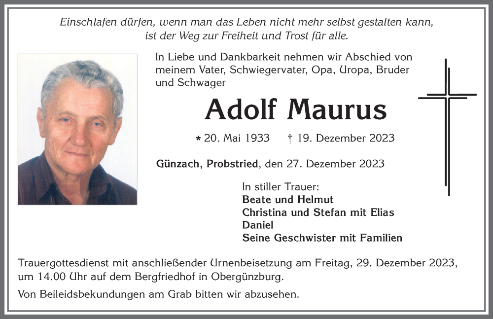 Traueranzeige von Adolf Maurus von Allgäuer Zeitung, Marktoberdorf