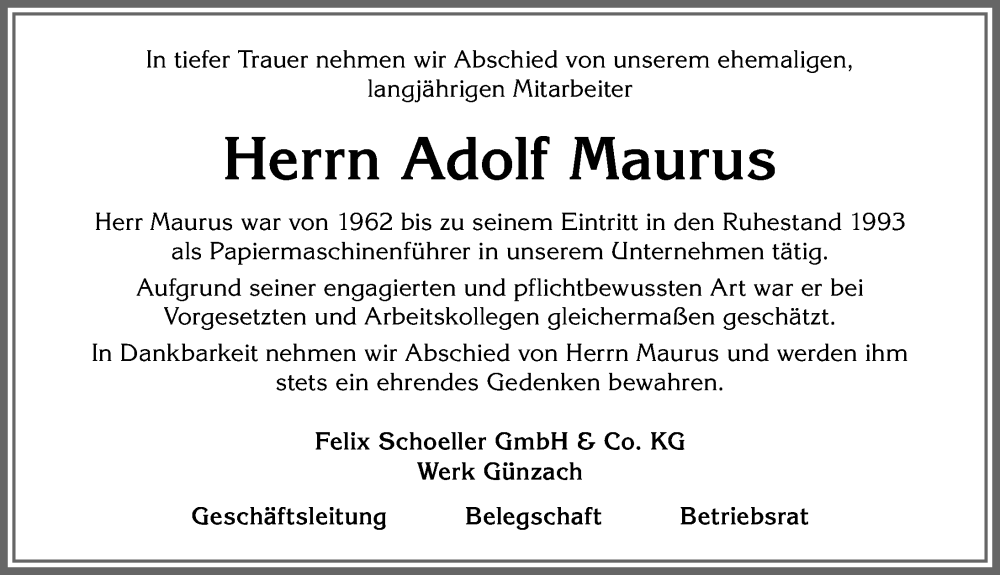 Traueranzeige von Adolf Maurus von Allgäuer Zeitung, Marktoberdorf