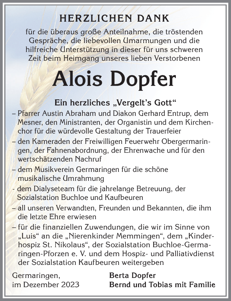 Traueranzeige von Alois Dopfer von Allgäuer Zeitung, Kaufbeuren/Buchloe