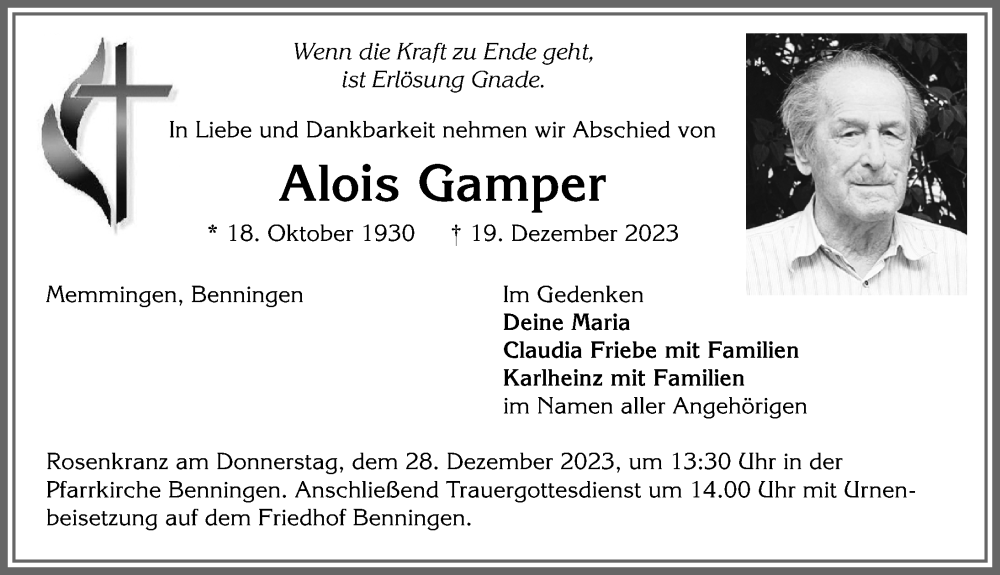 Traueranzeige von Alois Gamper von Memminger Zeitung