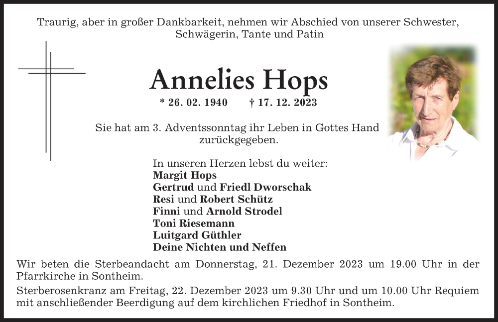 Traueranzeige von Annelies Hops von Memminger Zeitung