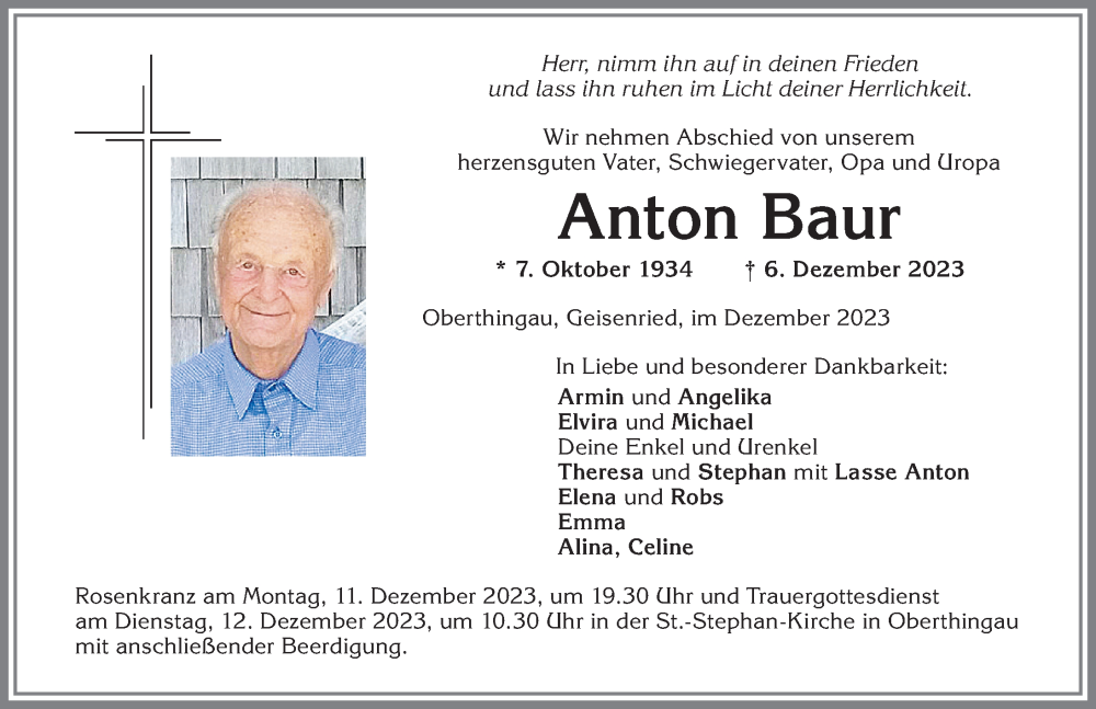 Traueranzeige von Anton Baur von Allgäuer Zeitung, Marktoberdorf