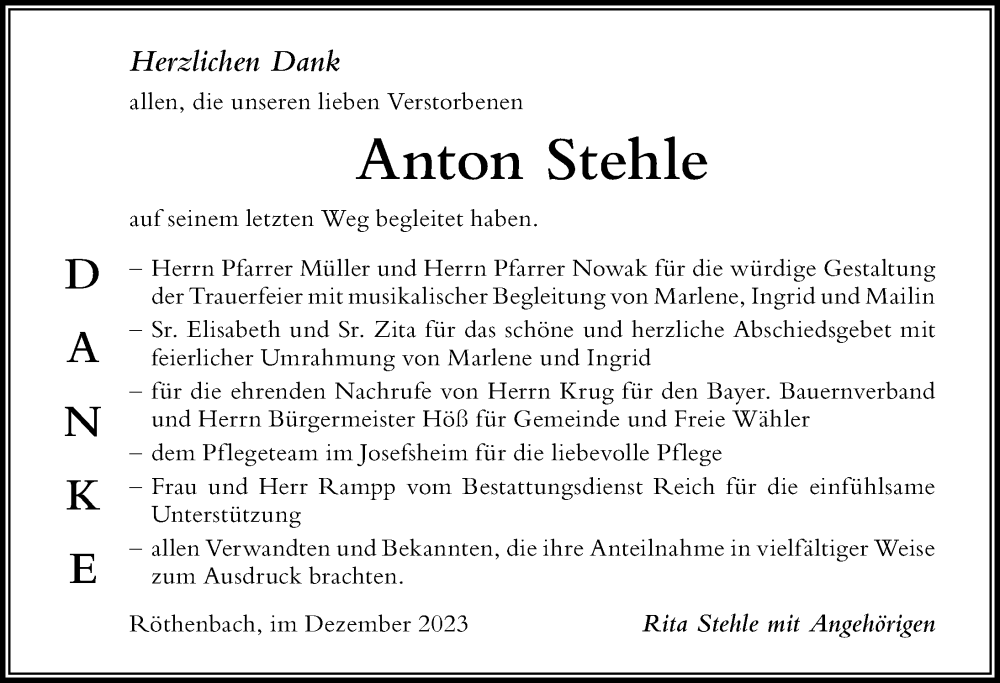 Traueranzeige von Anton Stehle von Der Westallgäuer