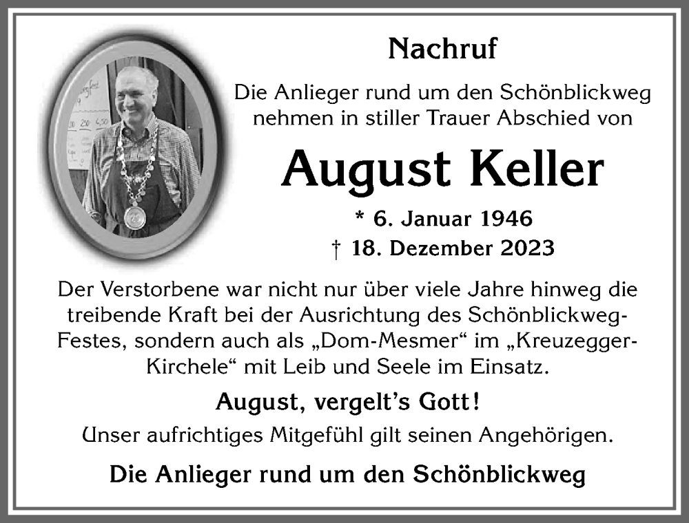 Traueranzeige von August Keller von Allgäuer Zeitung, Füssen