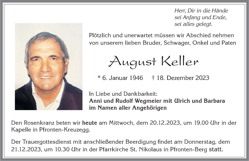 Traueranzeige von August Keller von Allgäuer Zeitung, Füssen