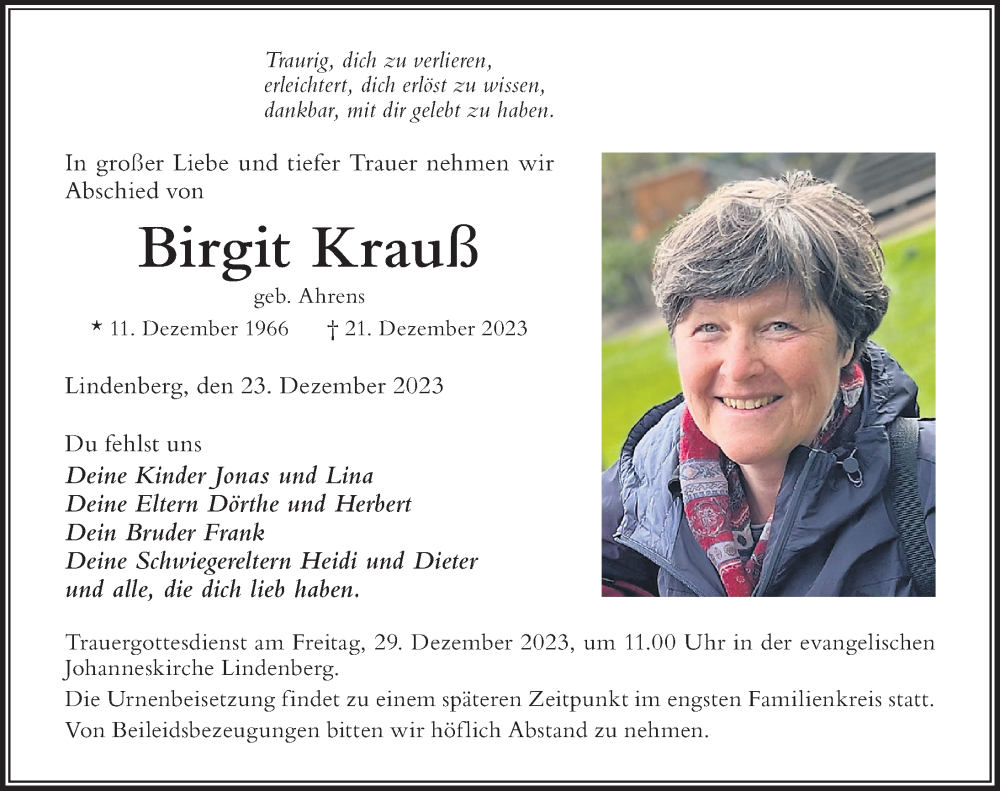 Traueranzeige von Birgit Krauß von Der Westallgäuer