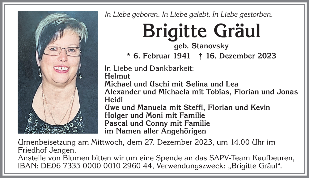 Traueranzeige von Brigitte Gräul von Allgäuer Zeitung, Kaufbeuren/Buchloe