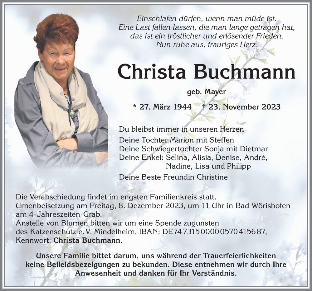 Traueranzeige von Christa Buchmann von Allgäuer Zeitung, Kaufbeuren/Buchloe