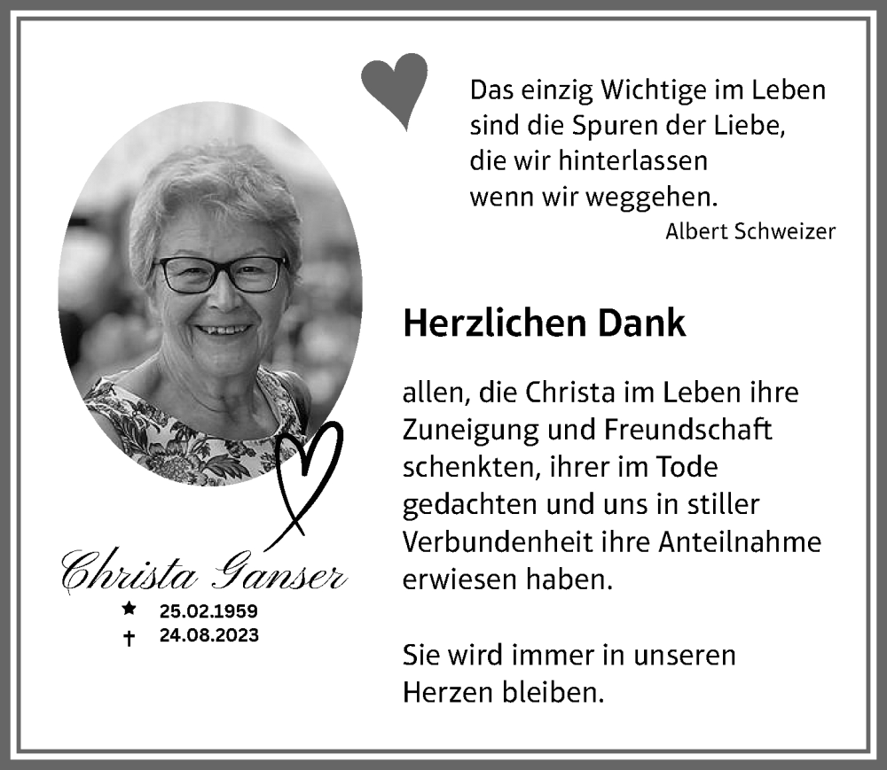 Traueranzeige von Christa Ganser von Memminger Zeitung