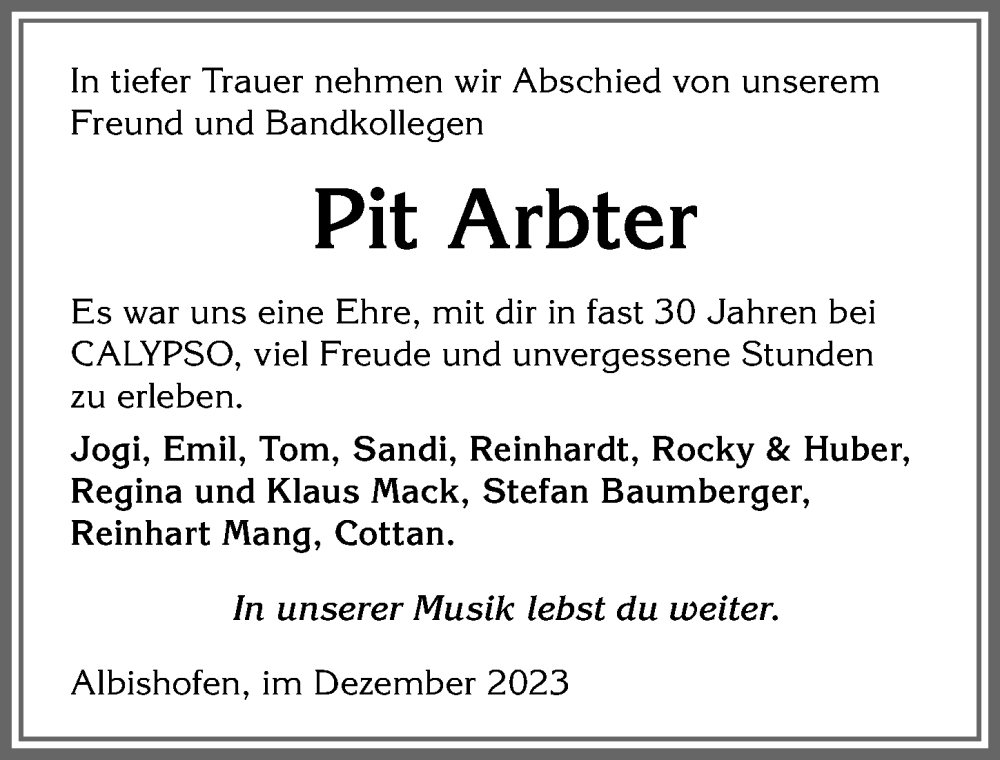 Traueranzeige von Peter Arbter 