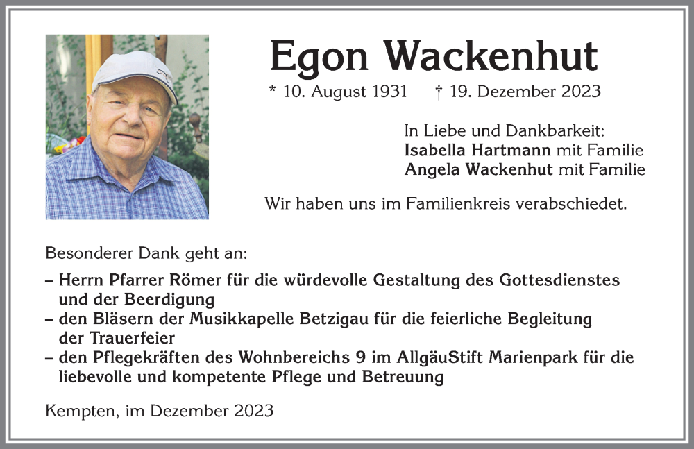 Traueranzeige von Egon Wackenhut von Allgäuer Zeitung,Kempten