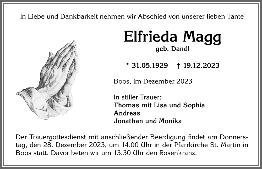 Traueranzeige von Elfrieda MAgg von Memminger Zeitung