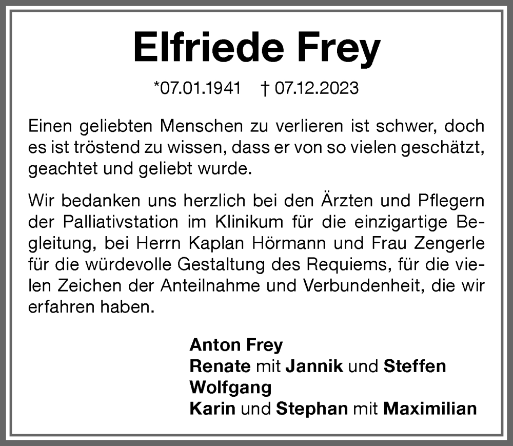 Traueranzeige von Elfriede Frey von Memminger Zeitung