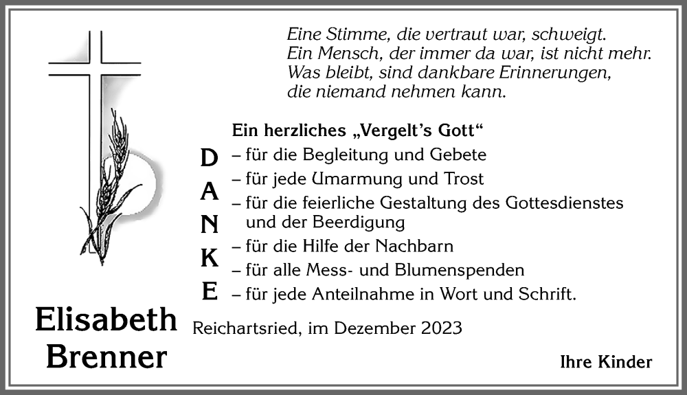  Traueranzeige für Elisabeth Brenner vom 21.12.2023 aus Allgäuer Zeitung, Marktoberdorf
