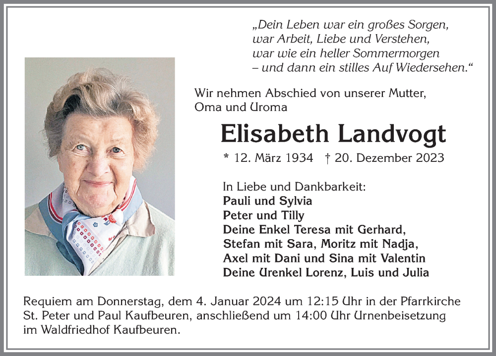 Traueranzeige von Elisabeth Landvogt von Allgäuer Zeitung, Kaufbeuren/Buchloe