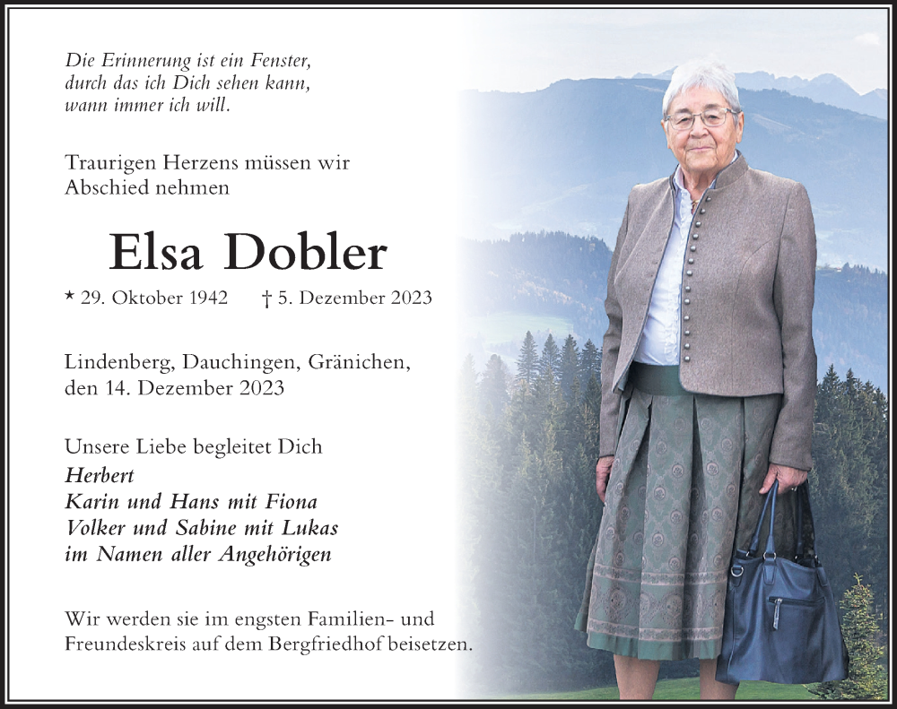 Traueranzeige von Elsa Dobler von Der Westallgäuer